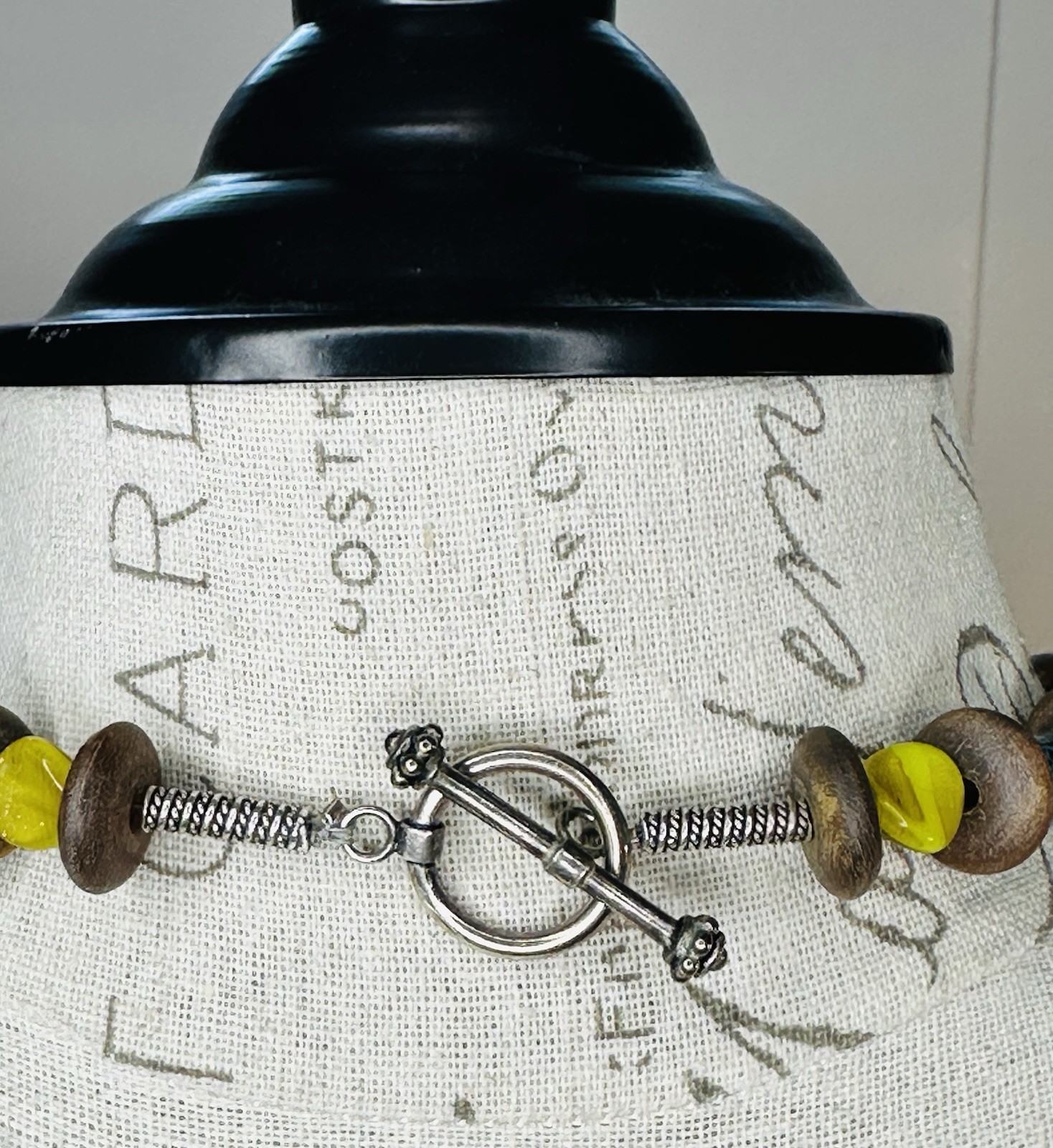 Handmade Artisan Wood Ceramic Shell Inlay Beaded Pendant Necklace Toggle Clasp