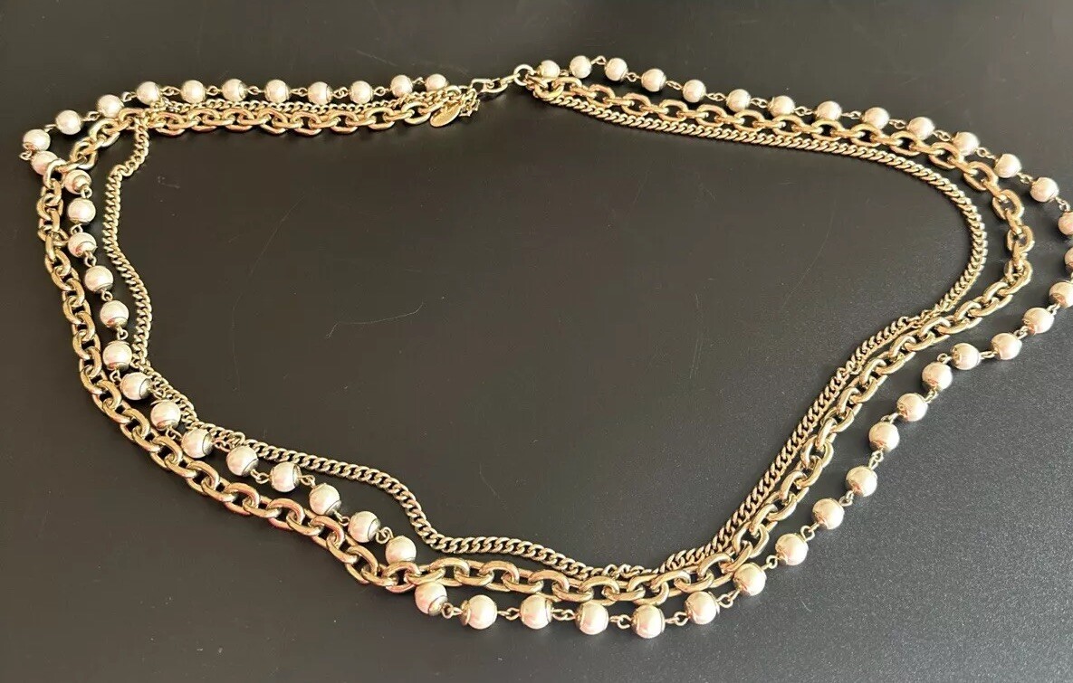 Ann Taylor Gold Plated Pearl Layered Chains Necklace Massive Long 30in. 20mm