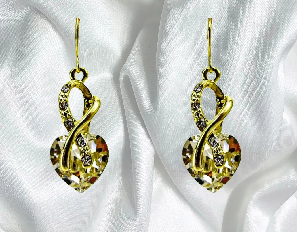 Clear crystal heart earrings in an aurora borealis finish gold wrap front New