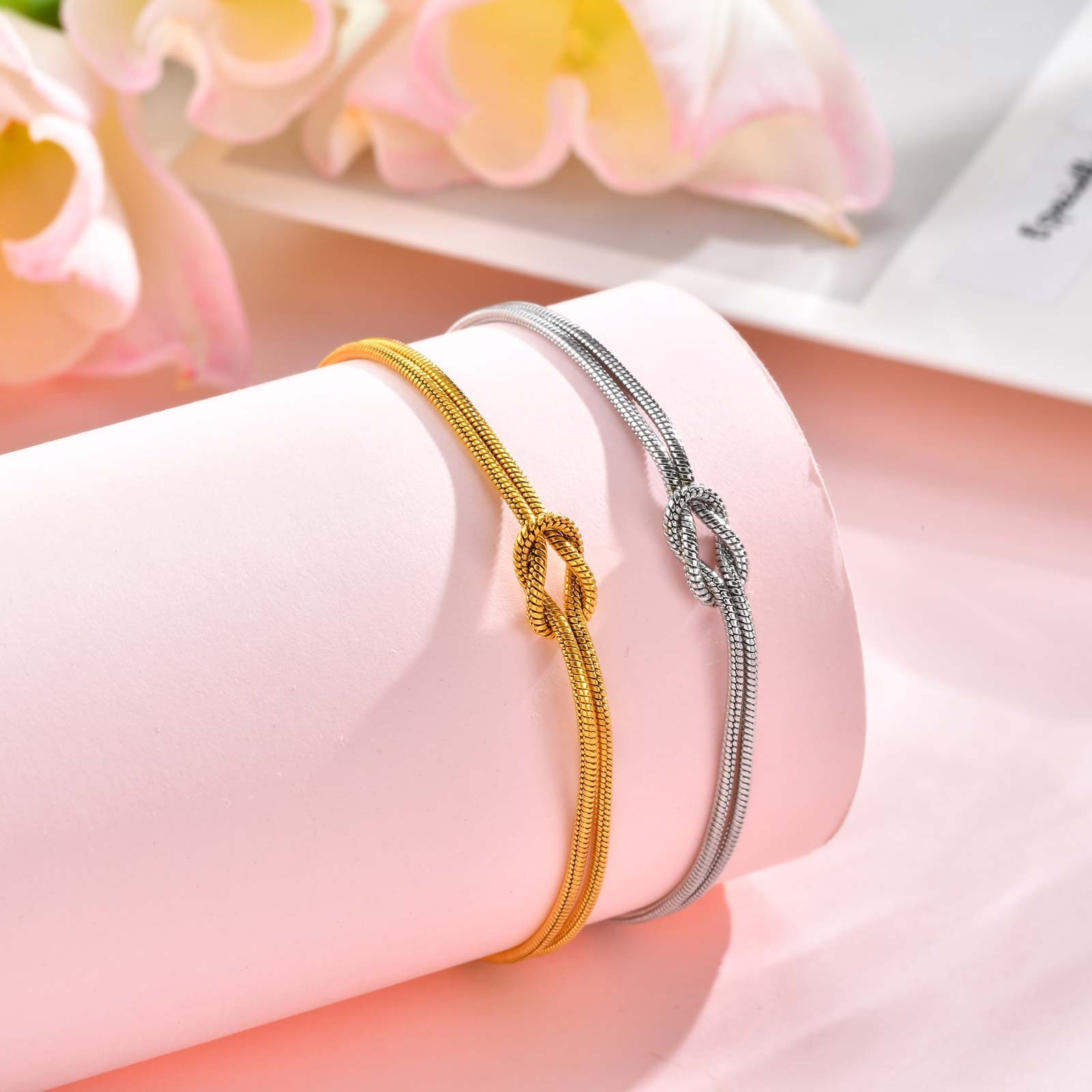 Stainless Steel Knot Double Snake Chain Adjustable Matching Bracelets Unisex