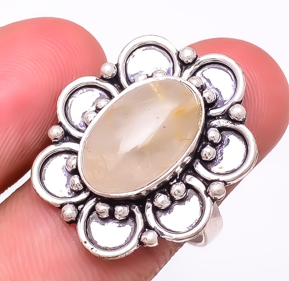 Natural Golden Rutilated Quartz Gemstone 925 Silver Plated Ring s.9 T270