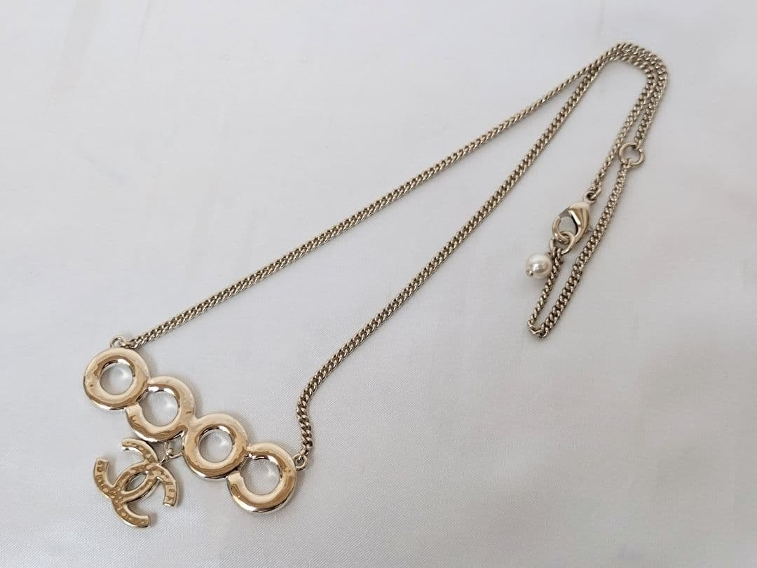 CHANEL Coco Mark Pearl Necklace Gold Metal Plated Chain 40cm Charm 5.2cm x 2.8cm