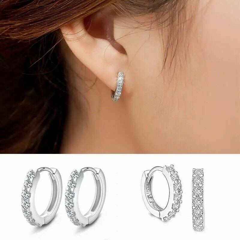 Silver Plated CZ Cubic Huggie Hoop Small Earrings E21 Lab-Created A 54