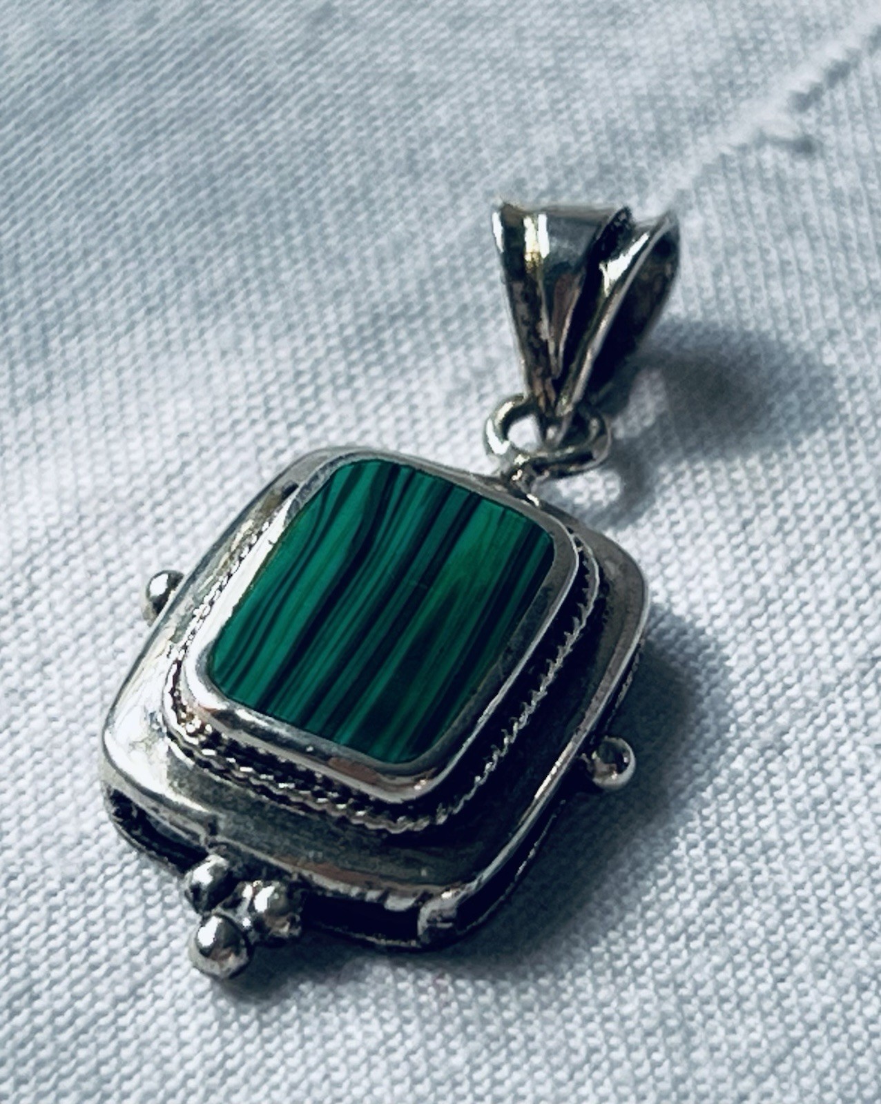 Small Silver-tone Pendant with Green Stone (Possibly Malachite?)