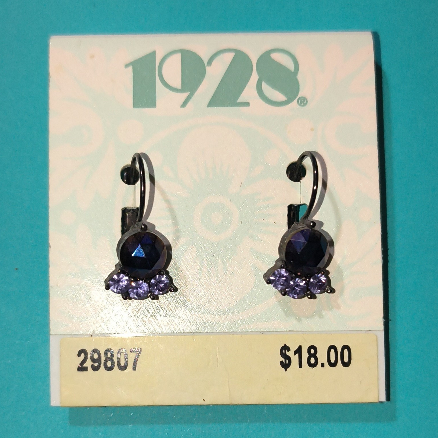1928 Purple Crystal Leverback Dangle/Drop Earrings Prong Set Round MPN 29807