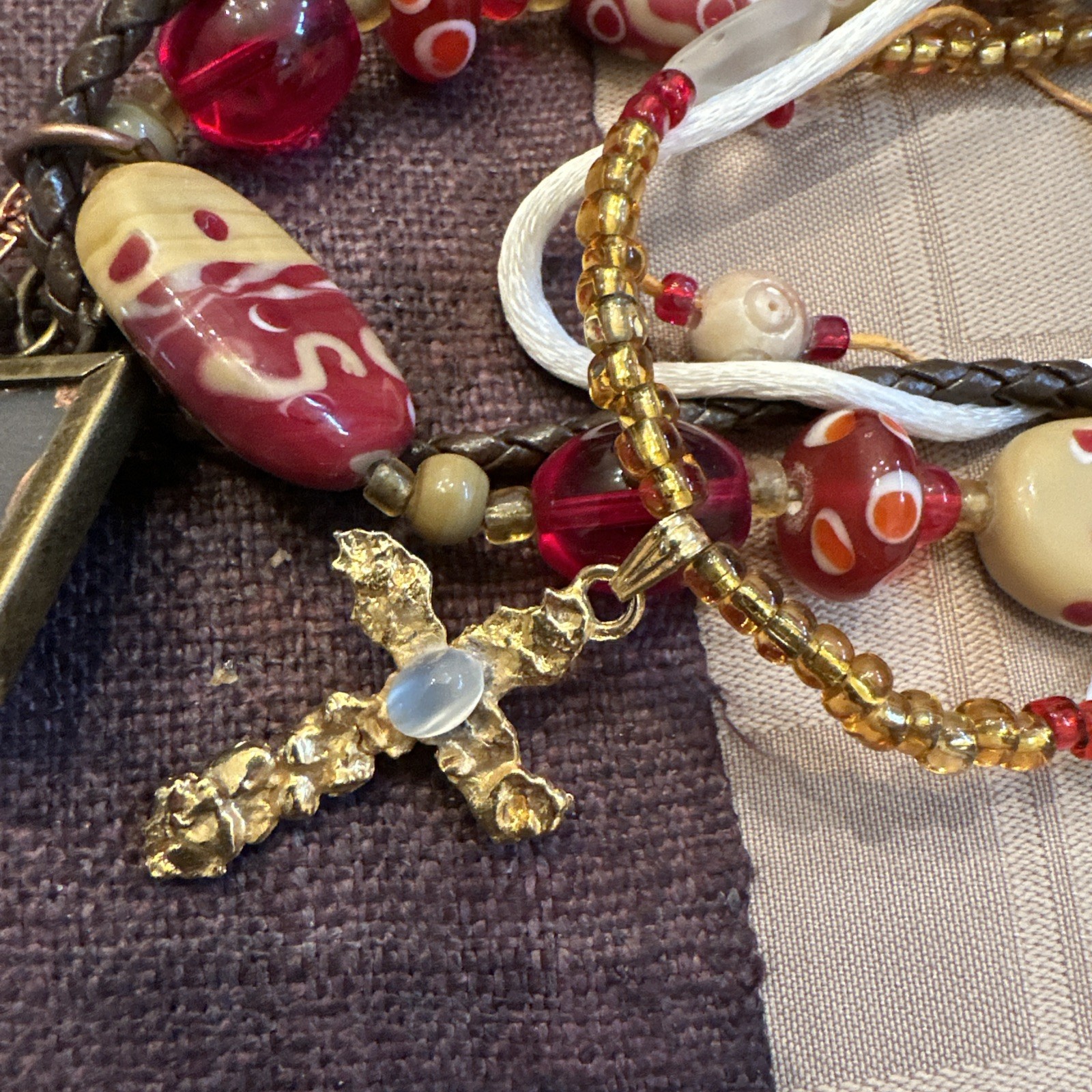Original Design Multi Strand Beaded Leather Metal Charm Necklace Boho Artisan