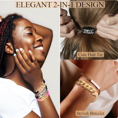 5PCS Black- Silver Gold Bracelet Hair Ties | Fancy Elastic Scrunchies with Metal