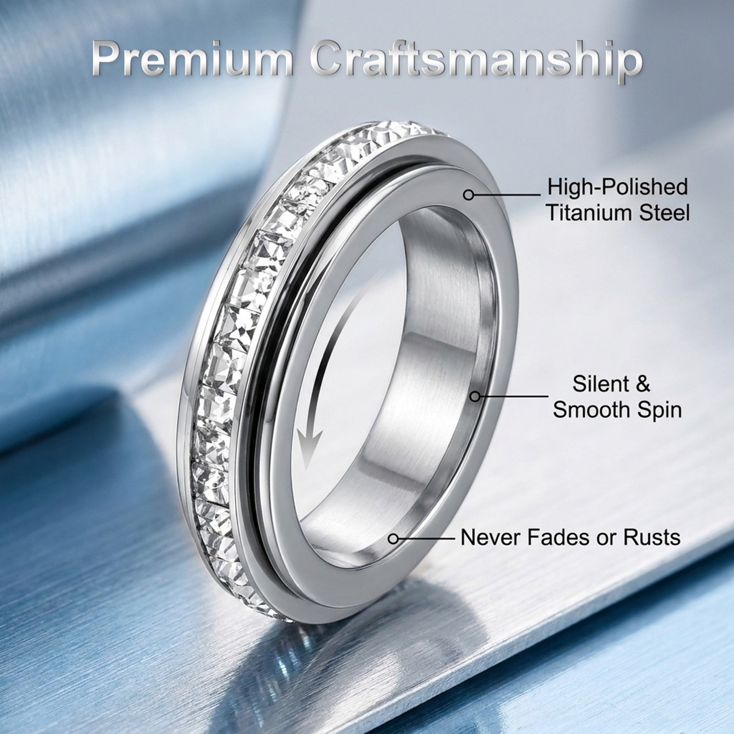 Silver Copper Zircon Fidget Relieving Anxiety Rotatable Ring Gift Size 5 to 12