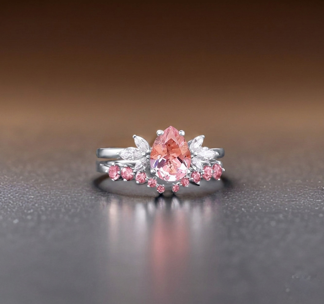 Pear Cut Sapphire Engagement Ring Set, 925 Sterling Silver Bridal Jewelry
