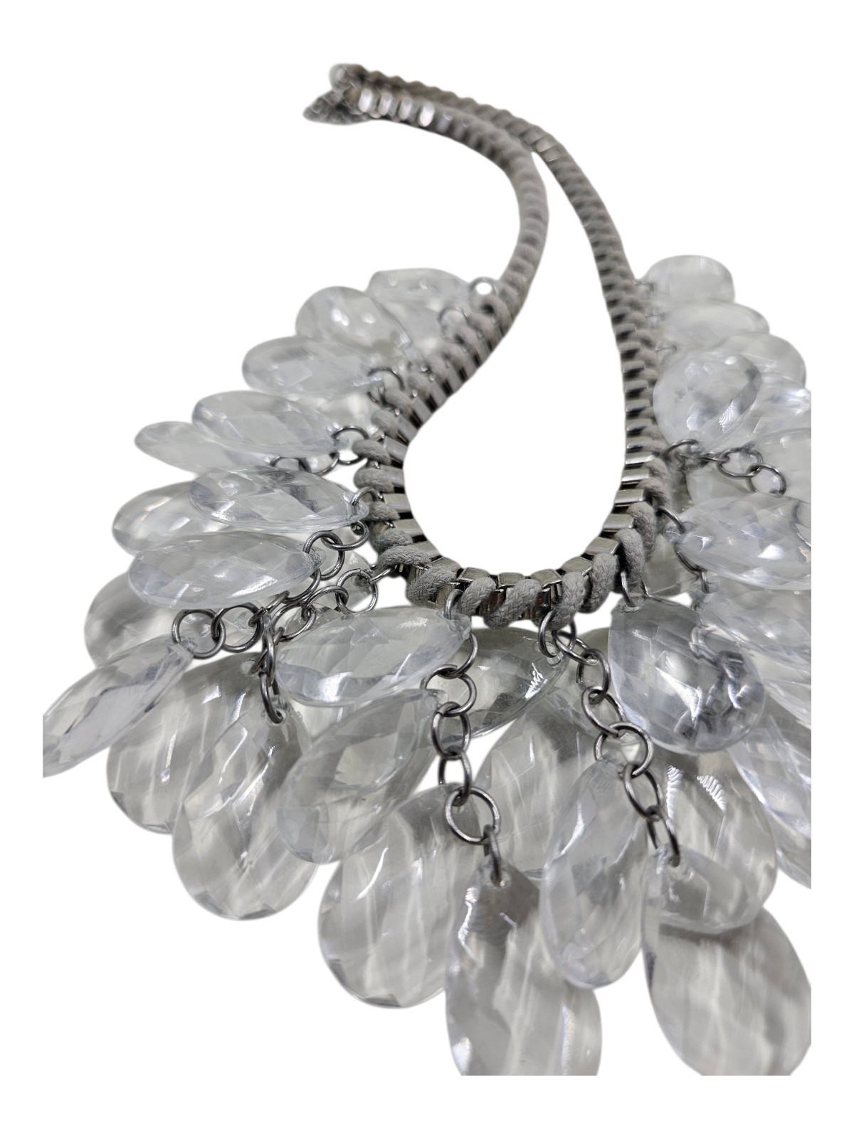 Clear Acrylic Teardrop Necklace Multi Strand Faceted Statement Bib Silver Tone