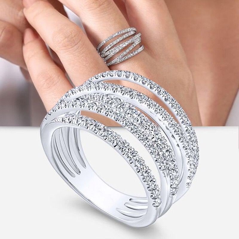 Fashion Women White Gold Plated Multiple Layers Sparkling CZ Band Ring