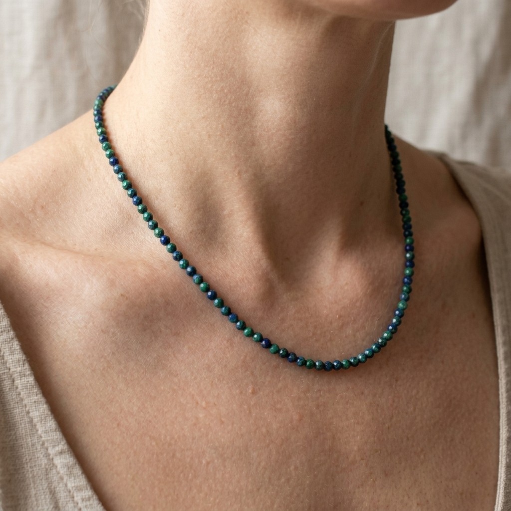 Natural Azurite Malachite Choker Necklace Dainty Beaded Crystal Healing Jewelry