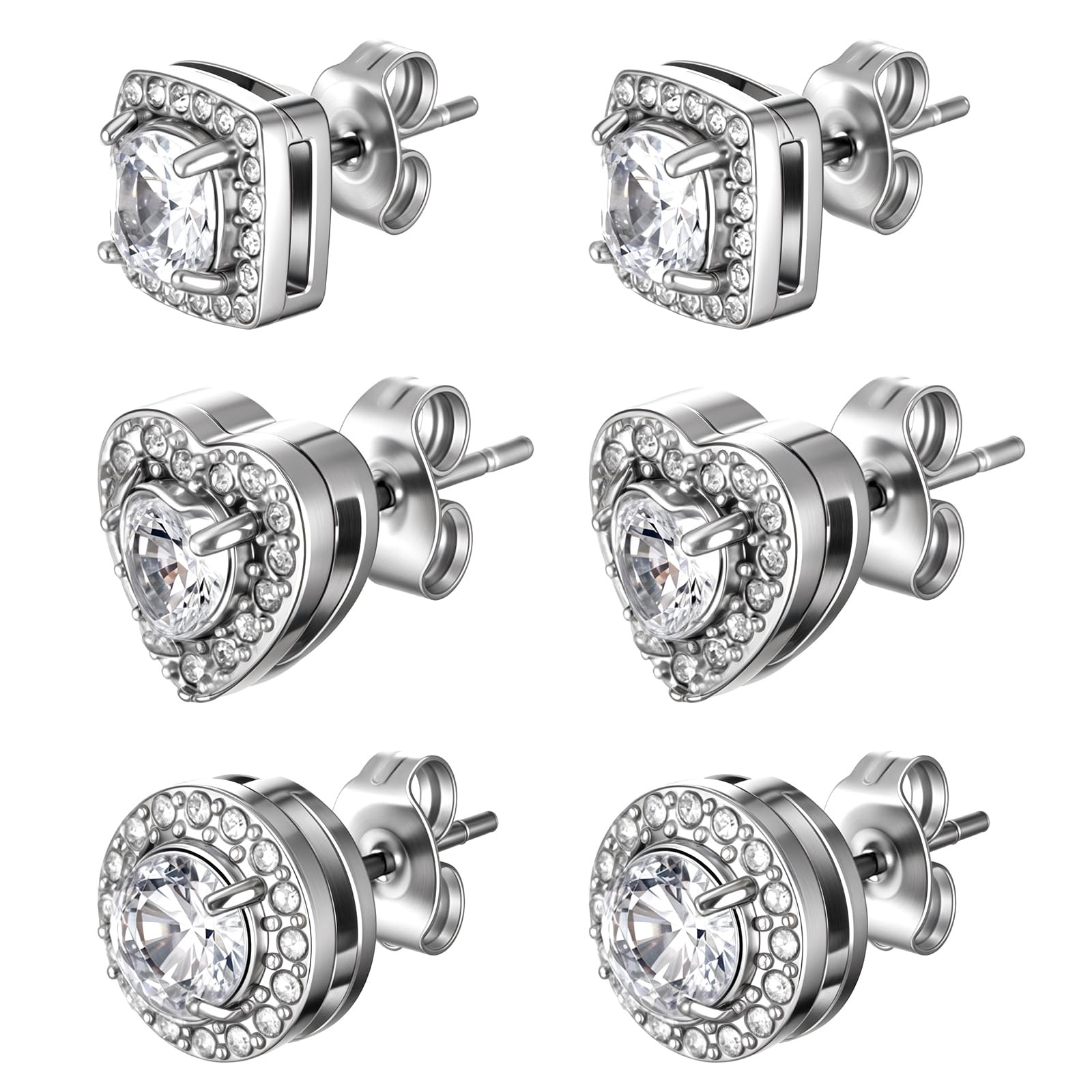 3 Pairs Silver Studs Earrings Set, Heart Round Square Cubic Zirconia Studs, S…