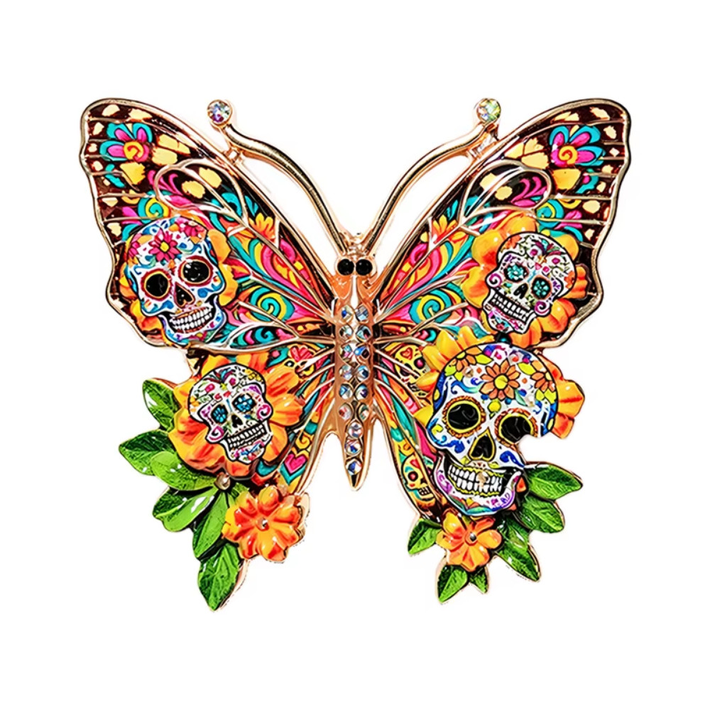 Halloween Sugar Skull Butterfly Brooch Pin Crystal Gothic Pin Costume Jewelry Gi