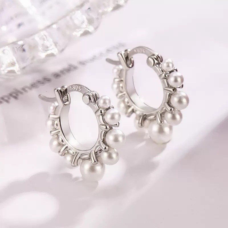 Silver Beaded Pearl Chandelier Earrings Pearl Cluster Hoop Huggie Earrings EA128