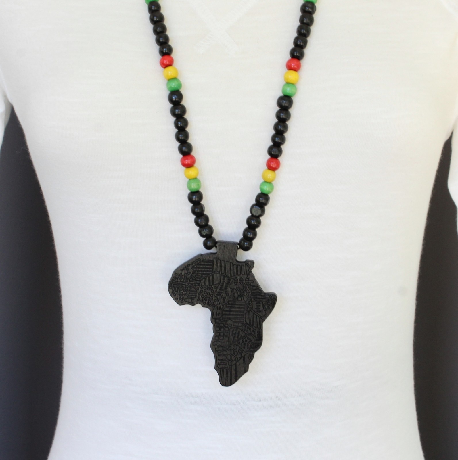 Black wooden africa pendant necklace beads chain african map continent wood long