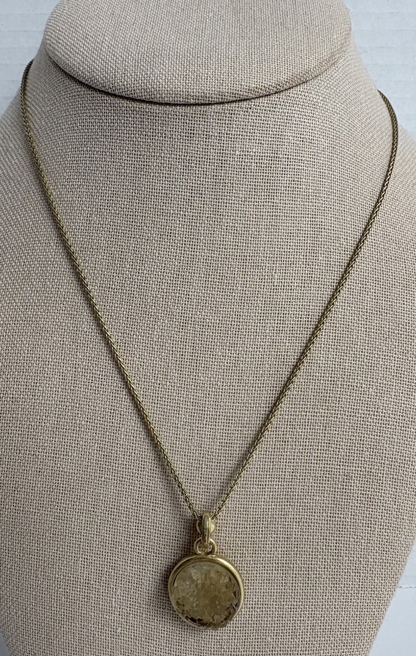 Lucky Brand Necklace 18” Gold Tone Drusy Quartz Disk Wheat Link Chain Extender