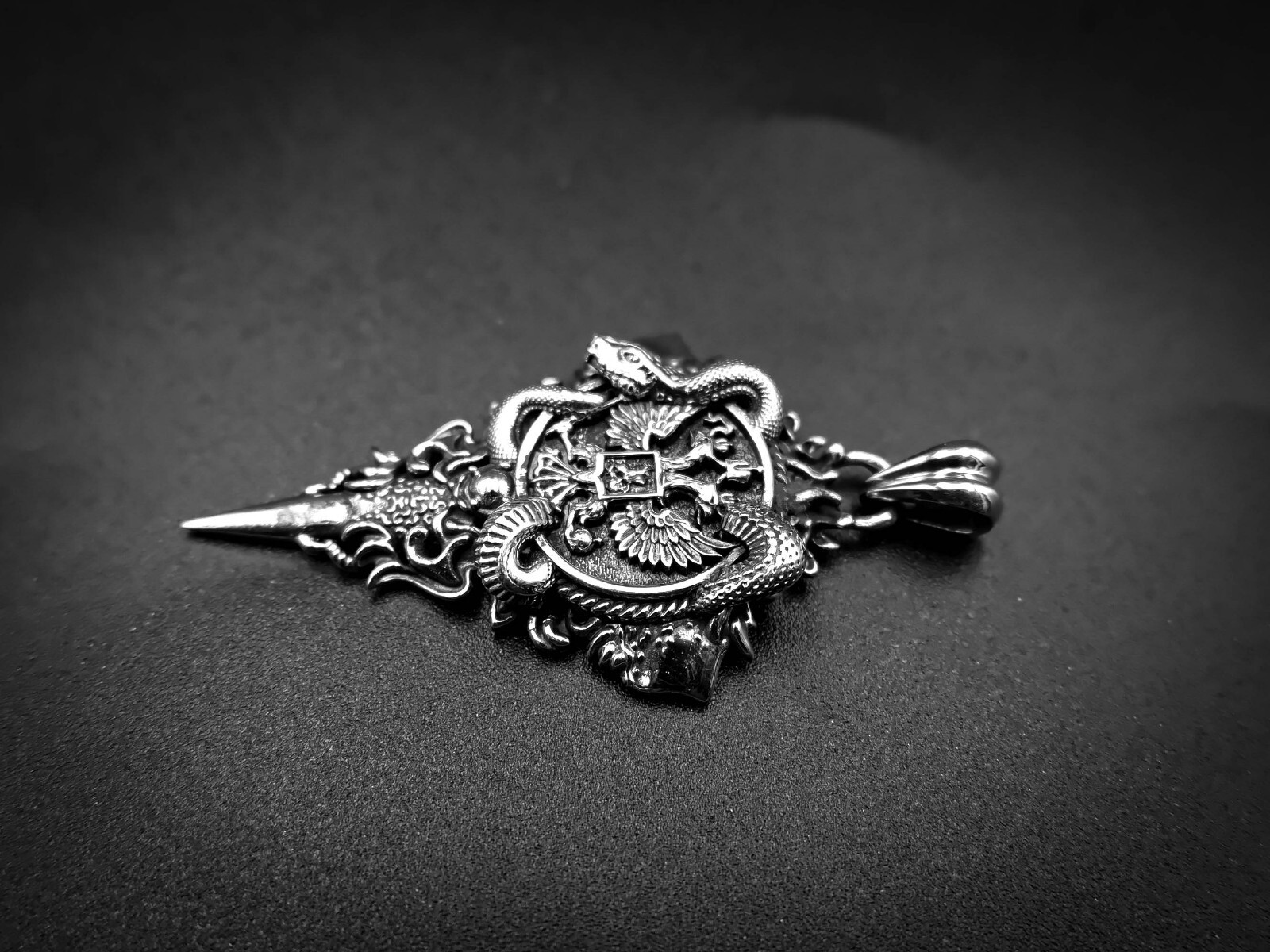 925 Sterling Silver Double Headed Eagle Pendant with Snake Coat Of Arms Jewelry