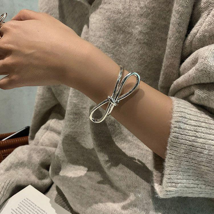 Minimalist Silver Knot Bow Open Cuff Bracelet Chic Daily Stackable Jewelry