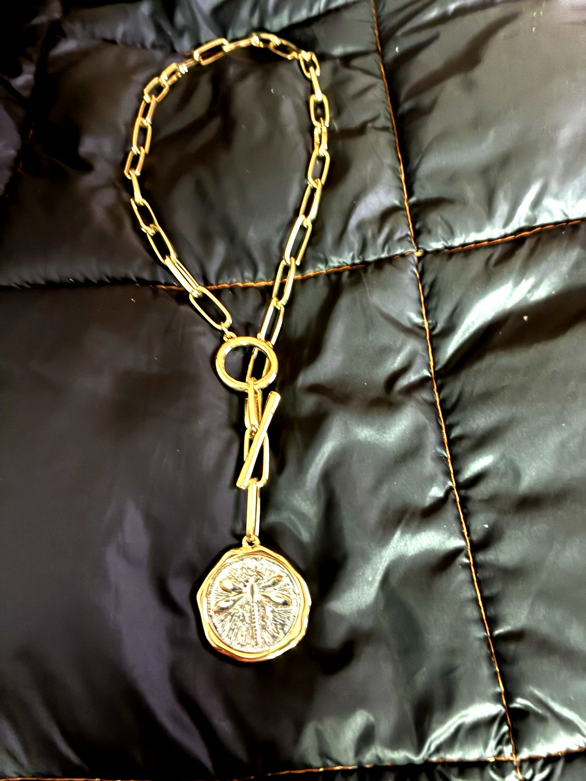 Gold Paper Clip Chain Necklace Lariat Style w Double Sided Pendant