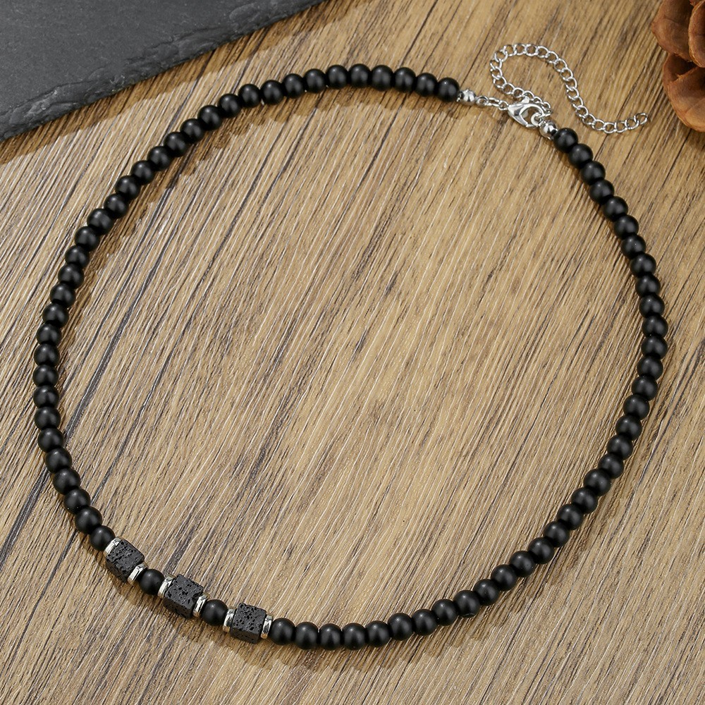 Mens Boho Necklace Natural Lava Stone Wood Beads Surfer Handmade Choker