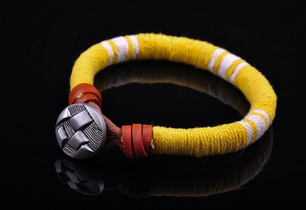 S471 Surfer Cotton Wrap Leather Men’s Leather Wristband Bracelet Cuff Yellow B