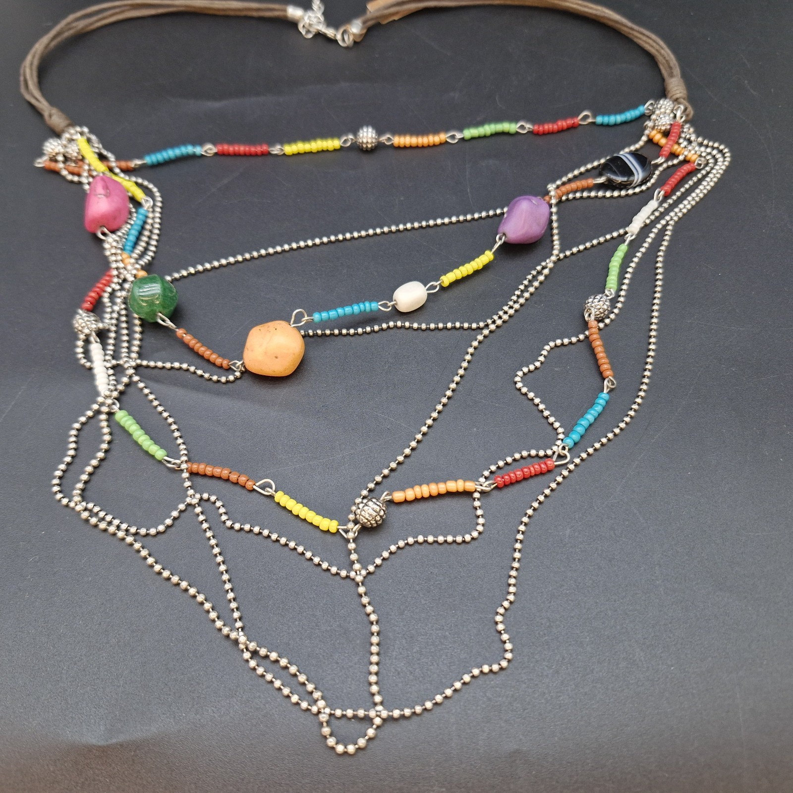 Treska Beaded Layered Statement Necklace Eclectic Colorful Stones Glass Boho NWT