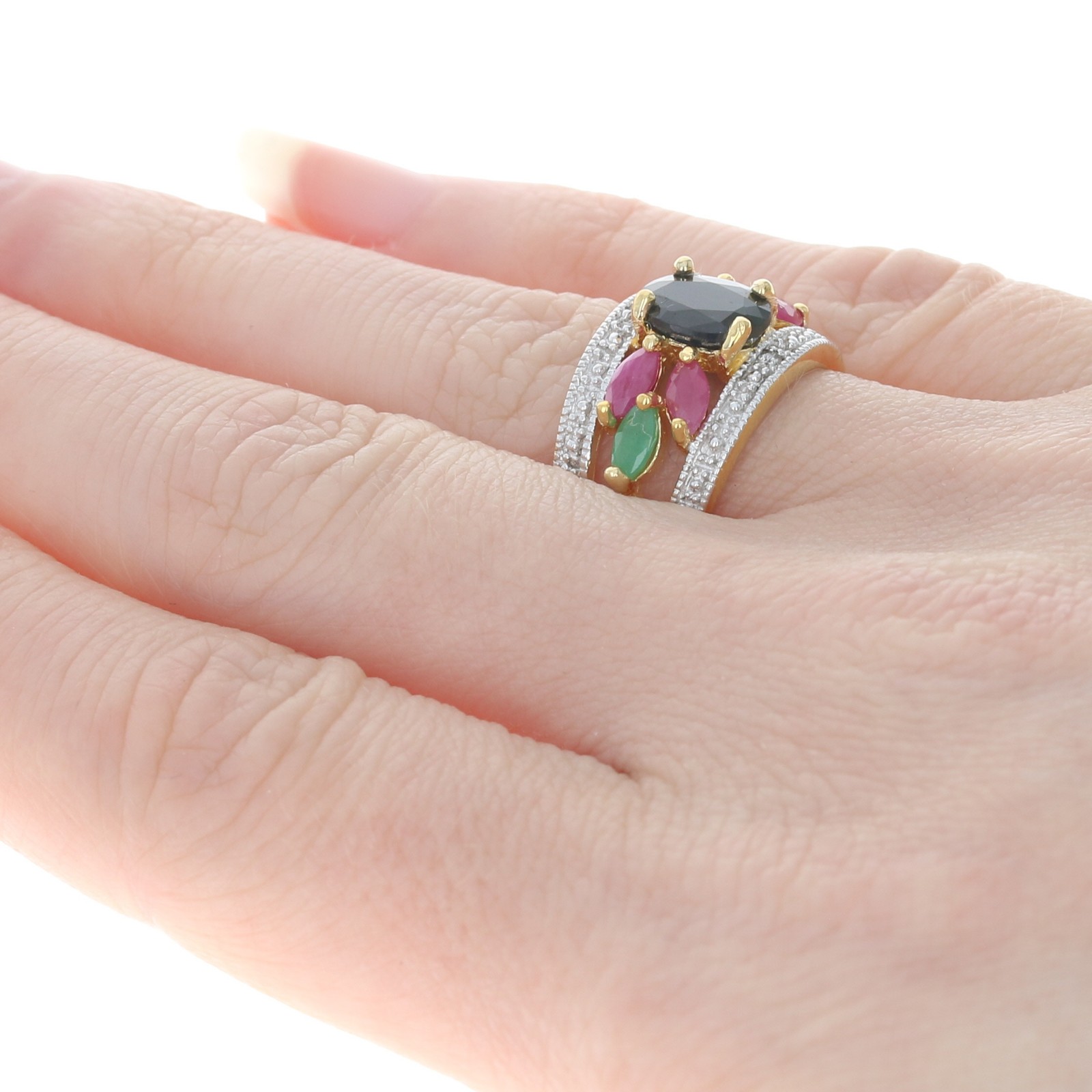 Silver Sapphire Ruby Emerald Diamond Floral Ring -925 Gold Plated 2.46ctw Sz 7