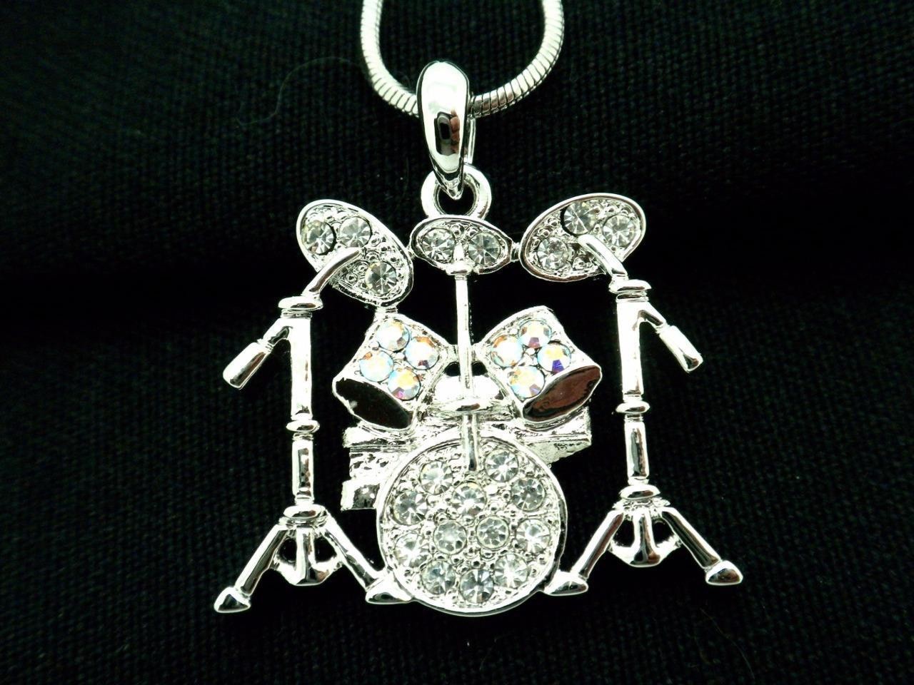 Austrian Crystal Drum Pendant Necklace Women’s White Gold Plated Drummer New