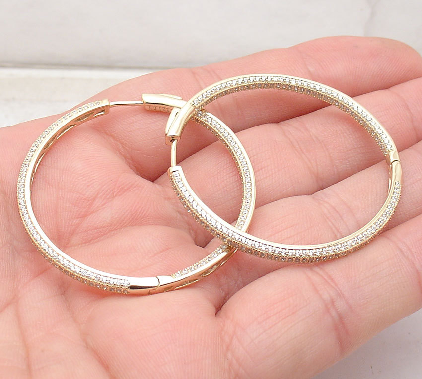 1.75″ Inside Out Pave Diamonique CZ Hoop Earrings 14K Yellow Gold Plated Silver