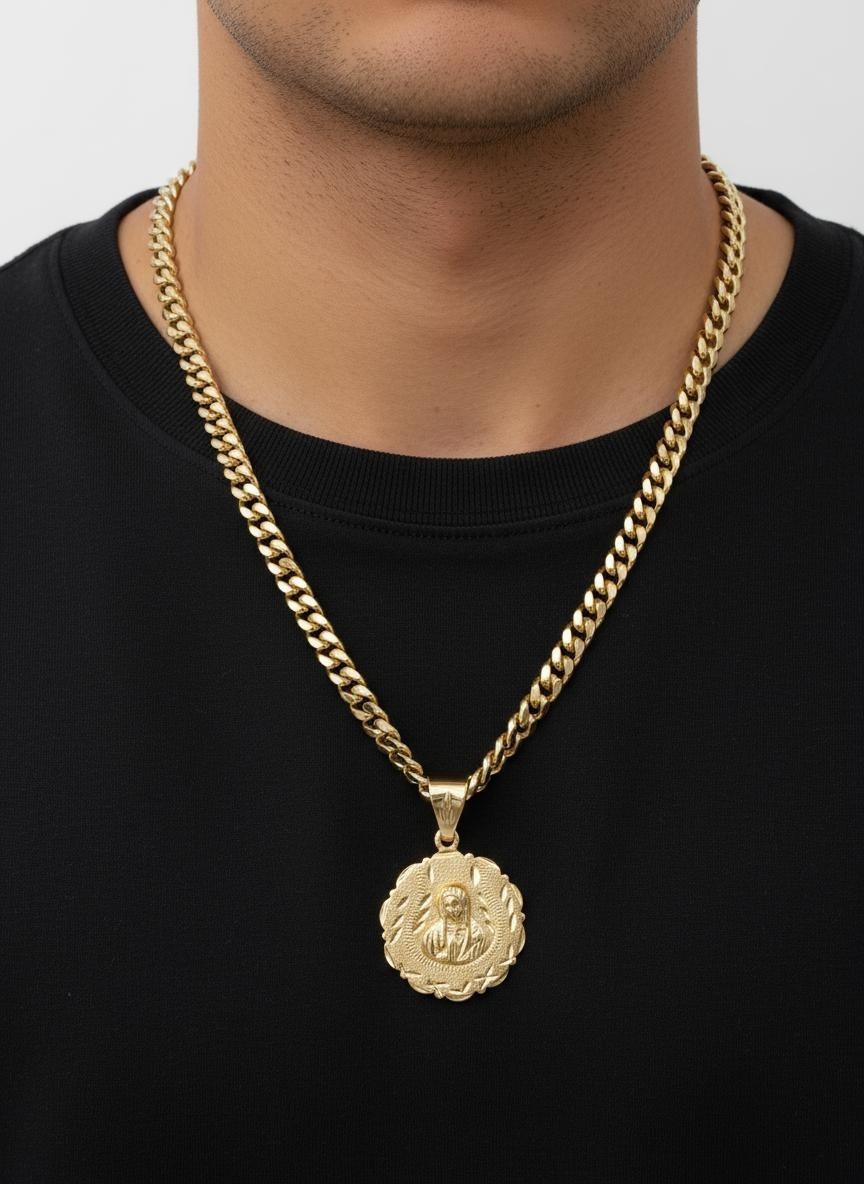 14K Gold Plated Virgin Mary Pendant Necklace 7mm Curb Link Chain Men’s/Women’s