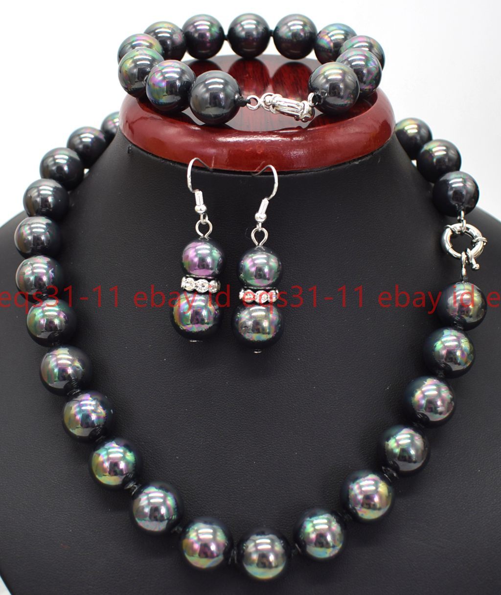 14mm Black Multicolor Shell Pearl Round Beads Necklace Bracelet Earrings Set