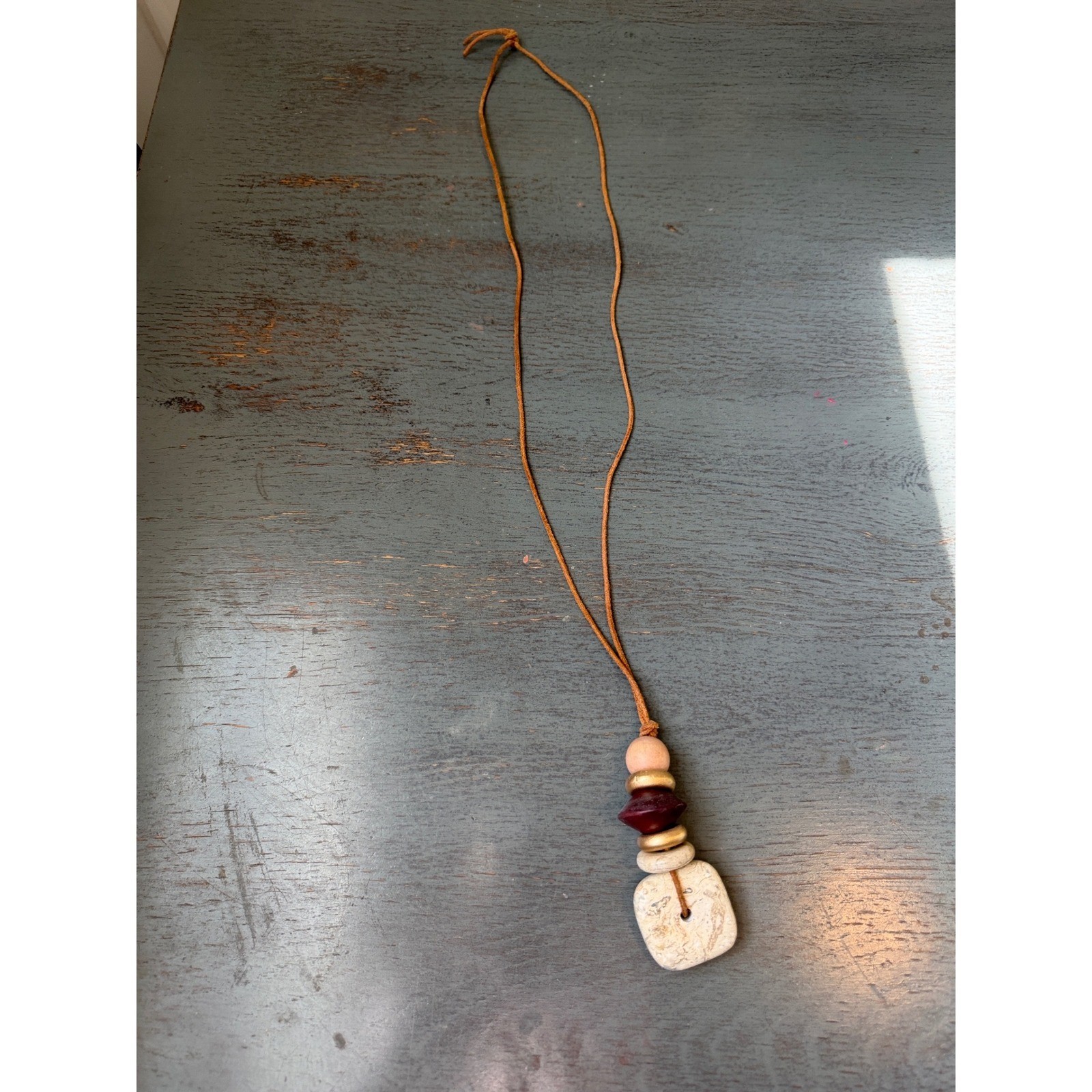 Boho Long Cord Necklace Stone Pendant Wood Beads Earthy Mixed Media Jewelry