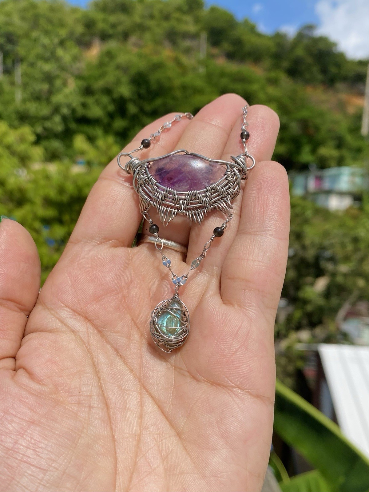 Handmade Amethyst & Labradorite Necklace Wire Wrapped Gemstones On Steel Chain