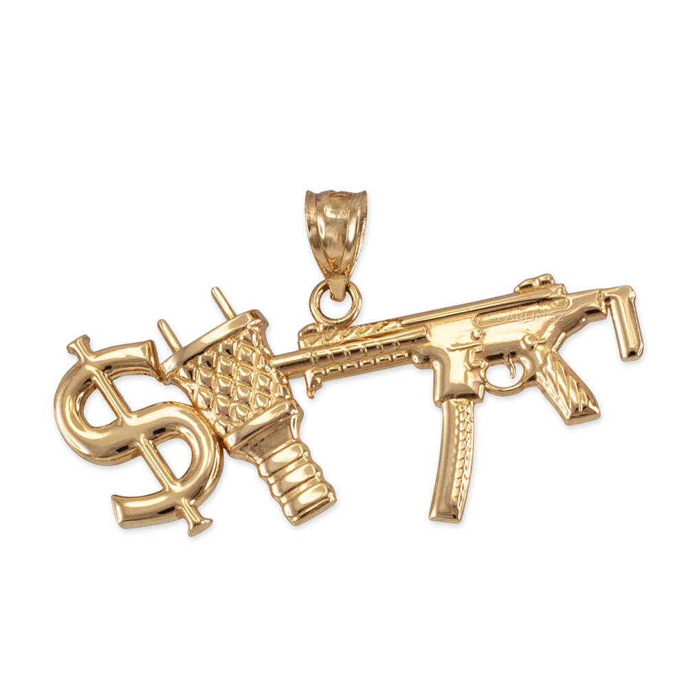 Yellow Gold Dollar Plug Gun Hip Hop Pendant Necklace
