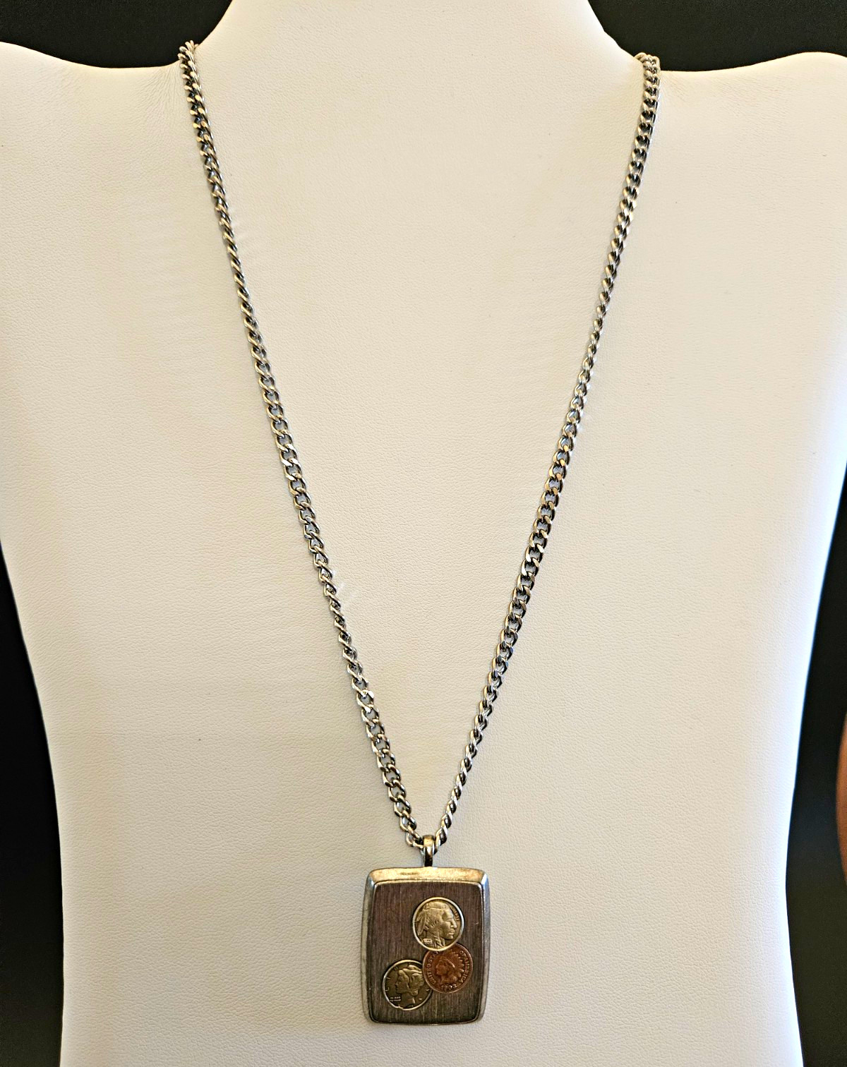 Vintage Silver Tone Rectangular Antique Coins Pendant Necklace Curb Chain