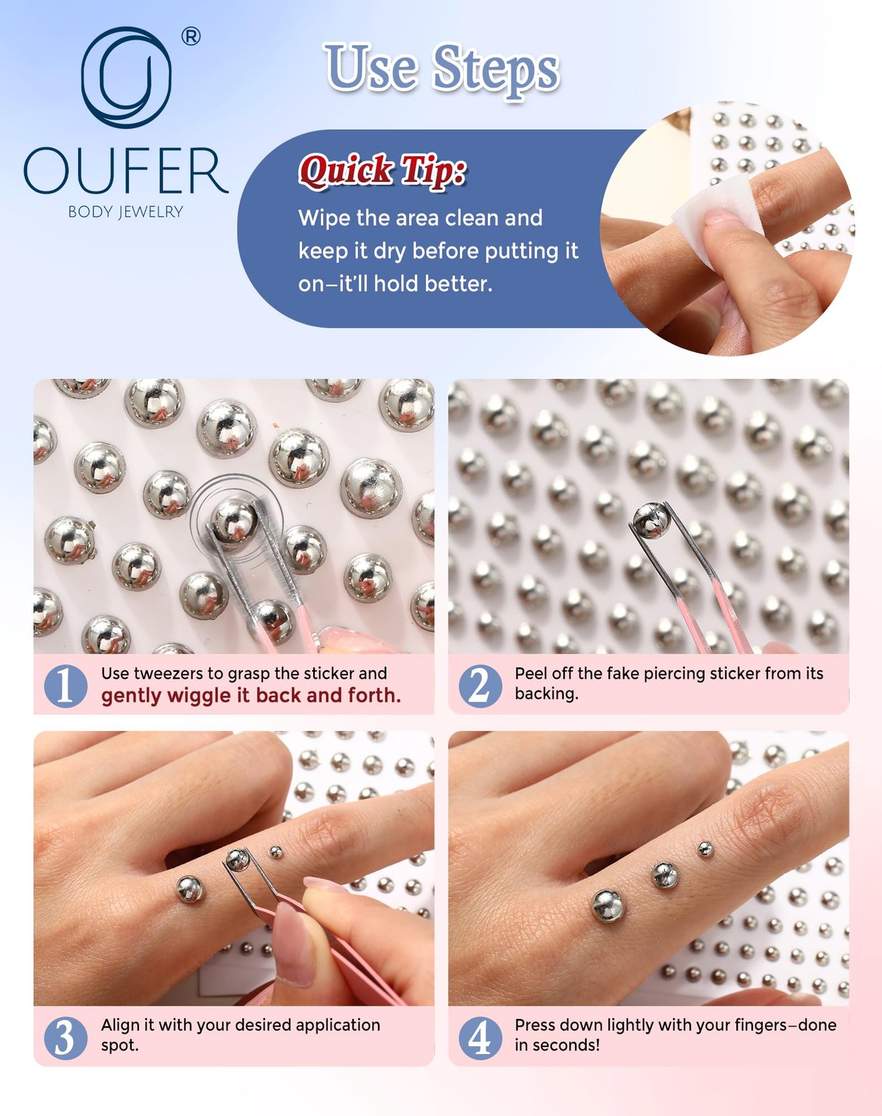 OUFER Stick on Acrylic Fake Piercings, Lip Studs Eyebrow 1~5MM, Silver