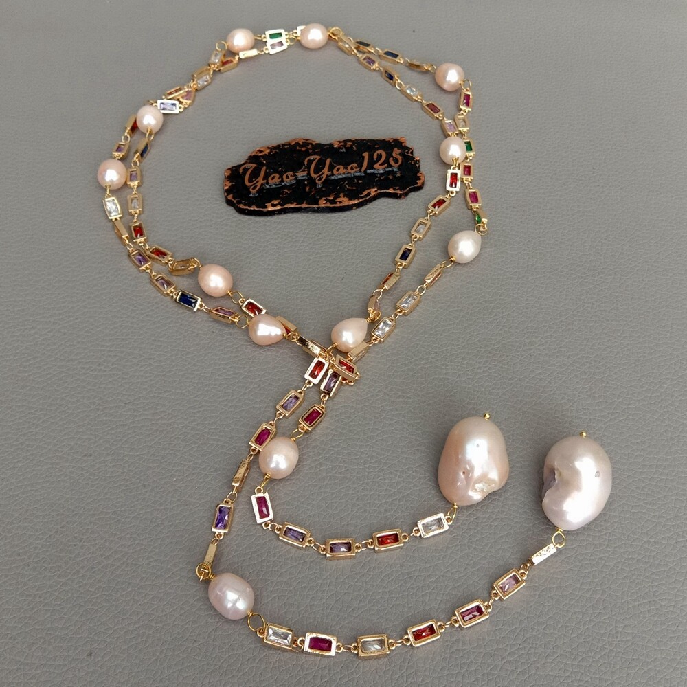 Cultured Pink Keshi Pearl Mixed Color Rectangle Cz Pave Long Chain Necklace 50″