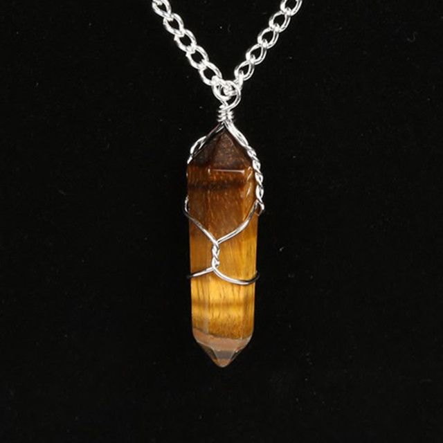 Wire Wrapped Tiger Eye Point Pendant Chakra Crystal Pendant Silver Wrap Necklace