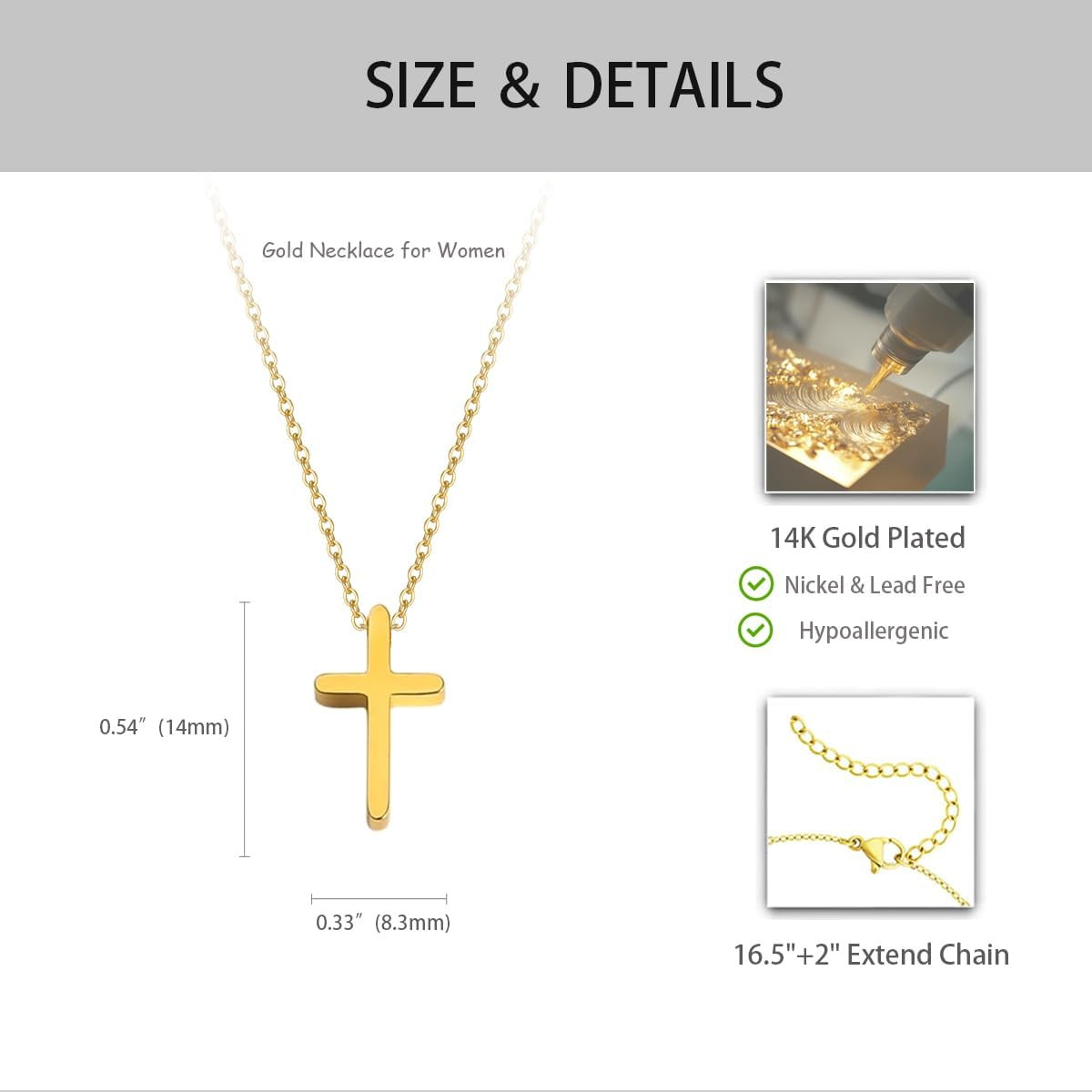Minimalist 14K Gold Plated Cross Necklace, Titanium Religious Pendant with Chain
