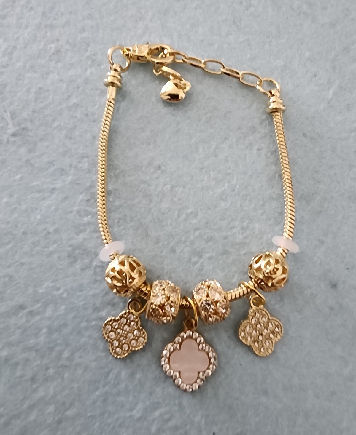 Gold Tone Snake Chain Charm Bracelet Lobster Clasp Adjustable Clover Crystal