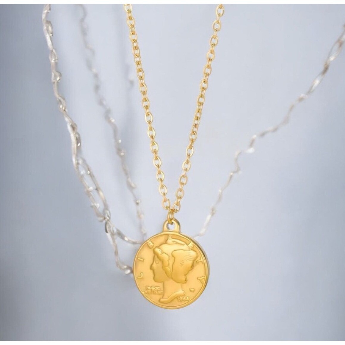 14k Finish Coin Pendant Necklace stainless steel Liberty Mercury Dime Charm