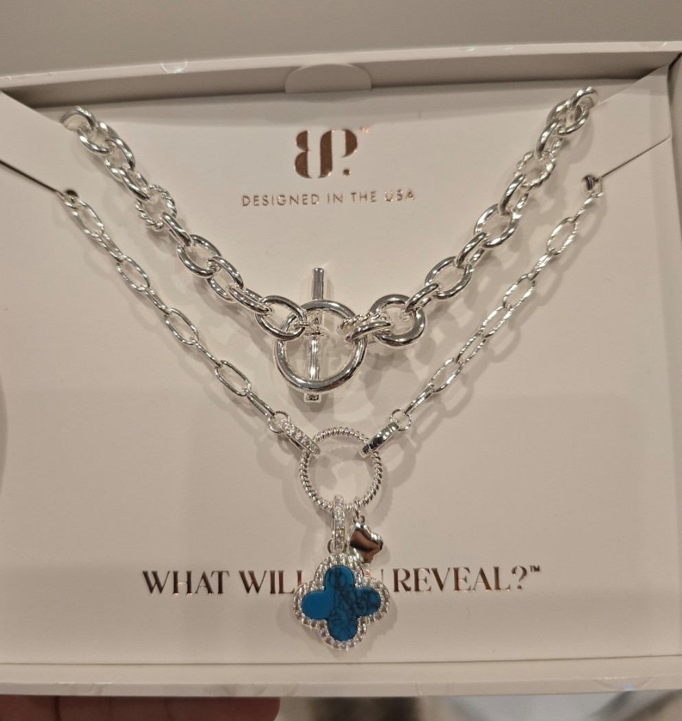 BP NK54397 Silver Plated Turquoise Clover Pendant CZ Necklace 19-22in Adj