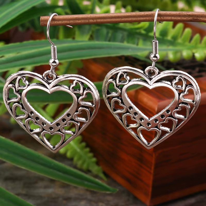Vintage Ethnic Heart Dangle Earrings Love Charm Boho Jewelry Gift for Women Girl