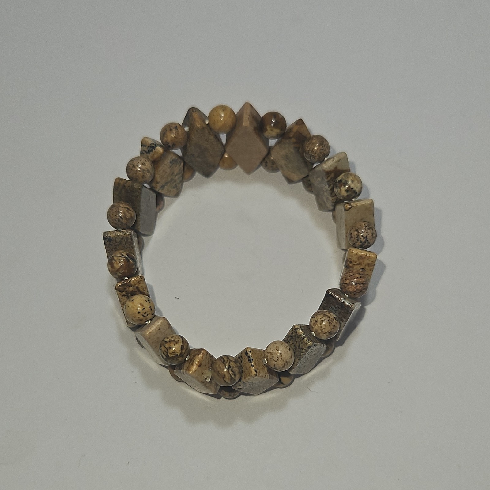 Brown & Beige Stone Beaded Stretch Bracelet, Diamond Shape, Slip-On