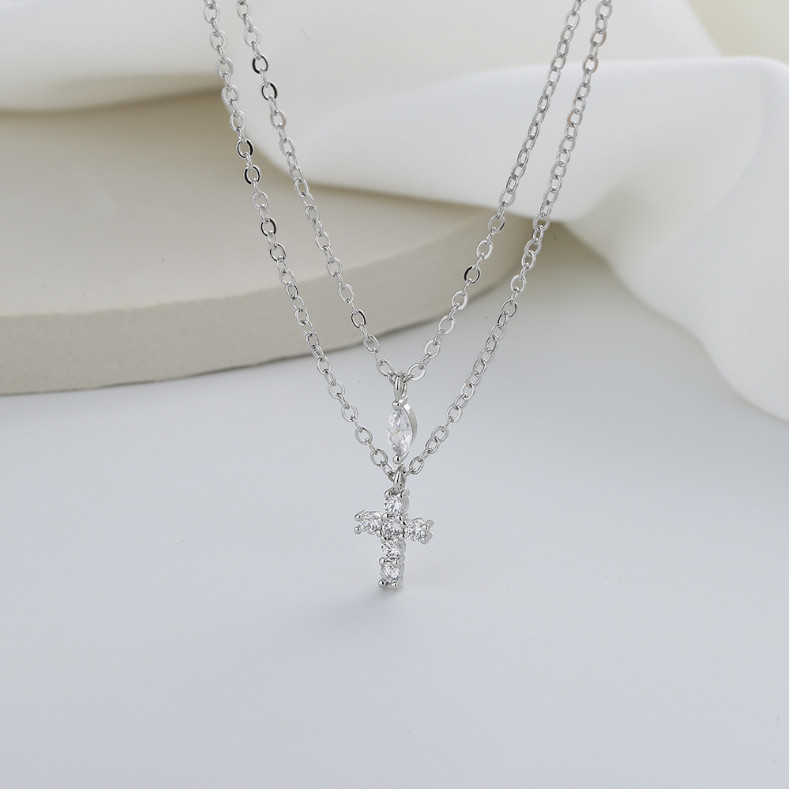 Silver Plated Double layers CZ cross pendant choker necklace 16-18″ K59