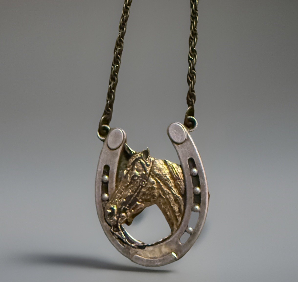 Silver Tone Horse Head Lucky horseshoe Necklace Cowboy Equestrian Animal VTG