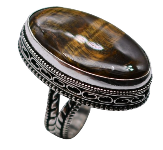 Tiger Eye Natural Gemstone Antique Silver Plated Ring US Size-8.5″ R 437