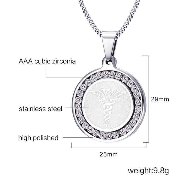 Silver Women Men Medical Alert ID Necklace Pendant Cubic Zirconia Free Engraving