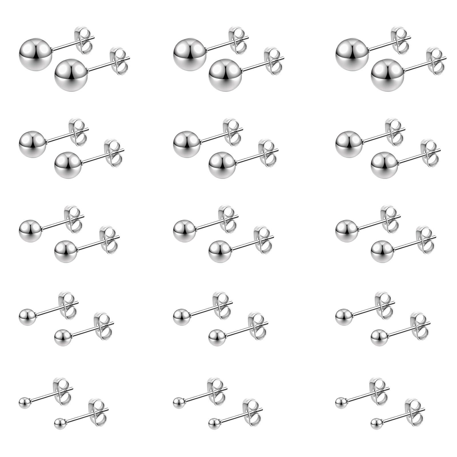 15 Pairs Ball Stud Earrings, Multi-Size Surgical Studs Earring, Large, Silver
